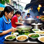 A vibrant street food stall in Vietnam, showcasing Pho being prepared and served to locals. Focus on the authenticity and local atmosphere.