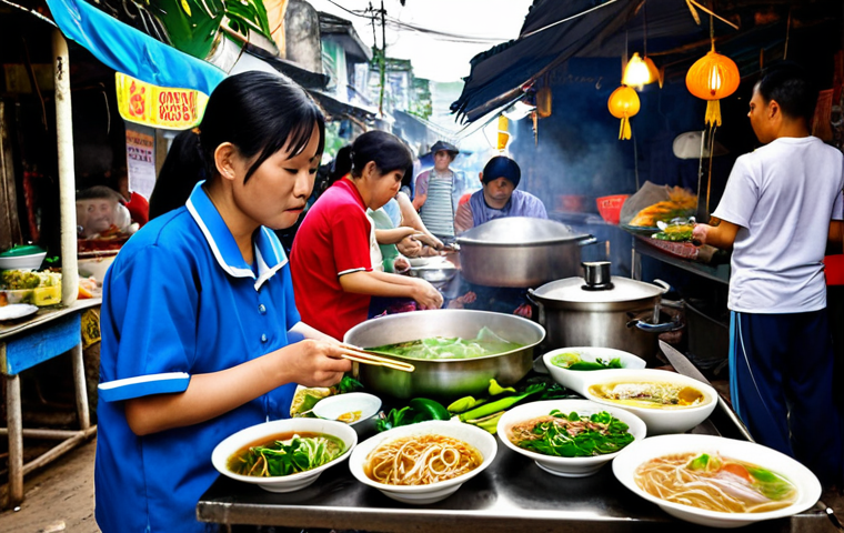 A vibrant street food stall in Vietnam, showcasing Pho being prepared and served to locals. Focus on the authenticity and local atmosphere.