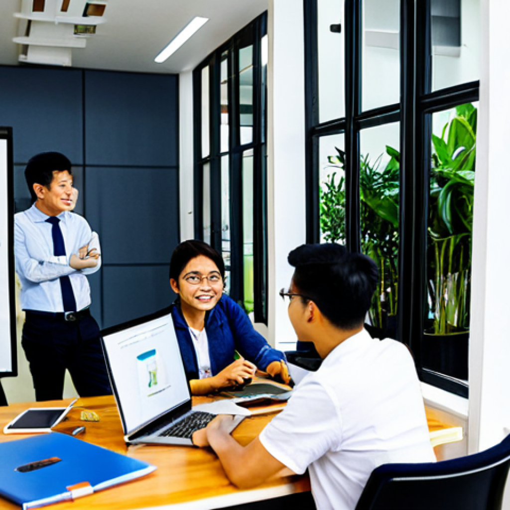 Modern Co-Working Space**
A diverse group of professionals collaborating in a bright, modern co-working space in Ho Chi Minh City. Some are working on laptops, others are brainstorming on a whiteboard. Everyone is fully clothed in smart casual attire. Wide shot, natural lighting, safe for work, appropriate content, professional environment, perfect anatomy, natural proportions.
**