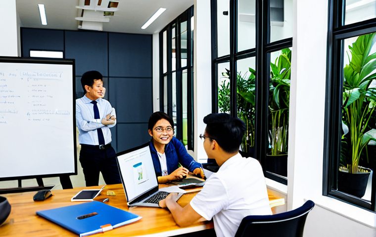 Modern Co-Working Space**
A diverse group of professionals collaborating in a bright, modern co-working space in Ho Chi Minh City. Some are working on laptops, others are brainstorming on a whiteboard. Everyone is fully clothed in smart casual attire. Wide shot, natural lighting, safe for work, appropriate content, professional environment, perfect anatomy, natural proportions.
**