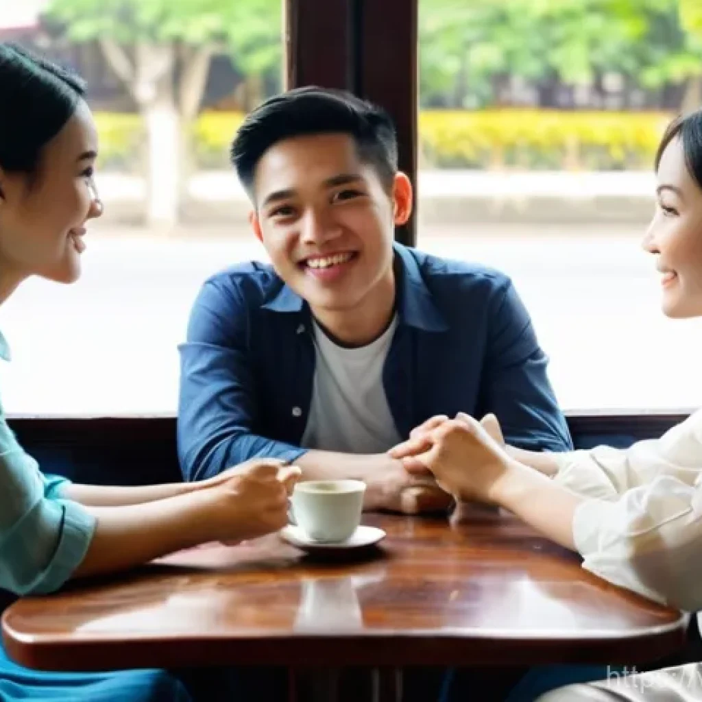 자아 한계 확장을 위한 긍정적인 대인 관계 유지하기 - **Prompt 1: Supportive Friends in a Vietnamese Cafe**
A realistic, high-definition image of thre...