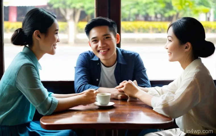 자아 한계 확장을 위한 긍정적인 대인 관계 유지하기 - **Prompt 1: Supportive Friends in a Vietnamese Cafe**
A realistic, high-definition image of thre...