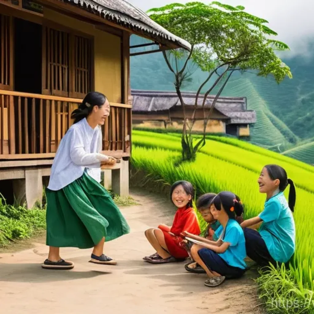 자아 한계 확장을 위한 사회적 책임 이해하기 - **Prompt:** A vibrant scene in a picturesque, verdant highland village in Northern Vietnam, similar ...