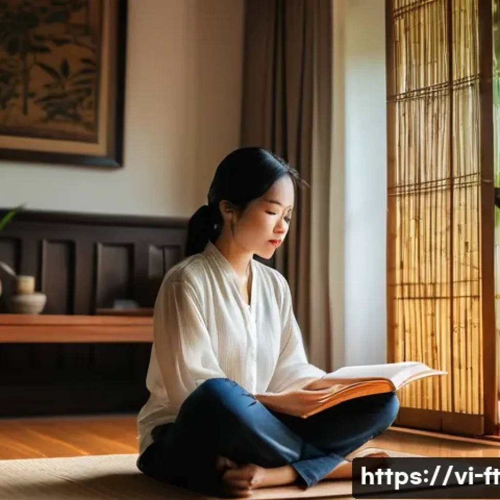자아 한계 확장을 위한 자아 변화 관리 기법 - A serene Vietnamese woman in her late 20s sitting cross-legged on a wooden floor inside a cozy, sunl...