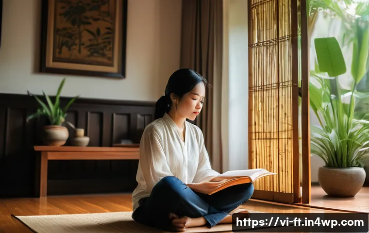자아 한계 확장을 위한 자아 변화 관리 기법 - A serene Vietnamese woman in her late 20s sitting cross-legged on a wooden floor inside a cozy, sunl...