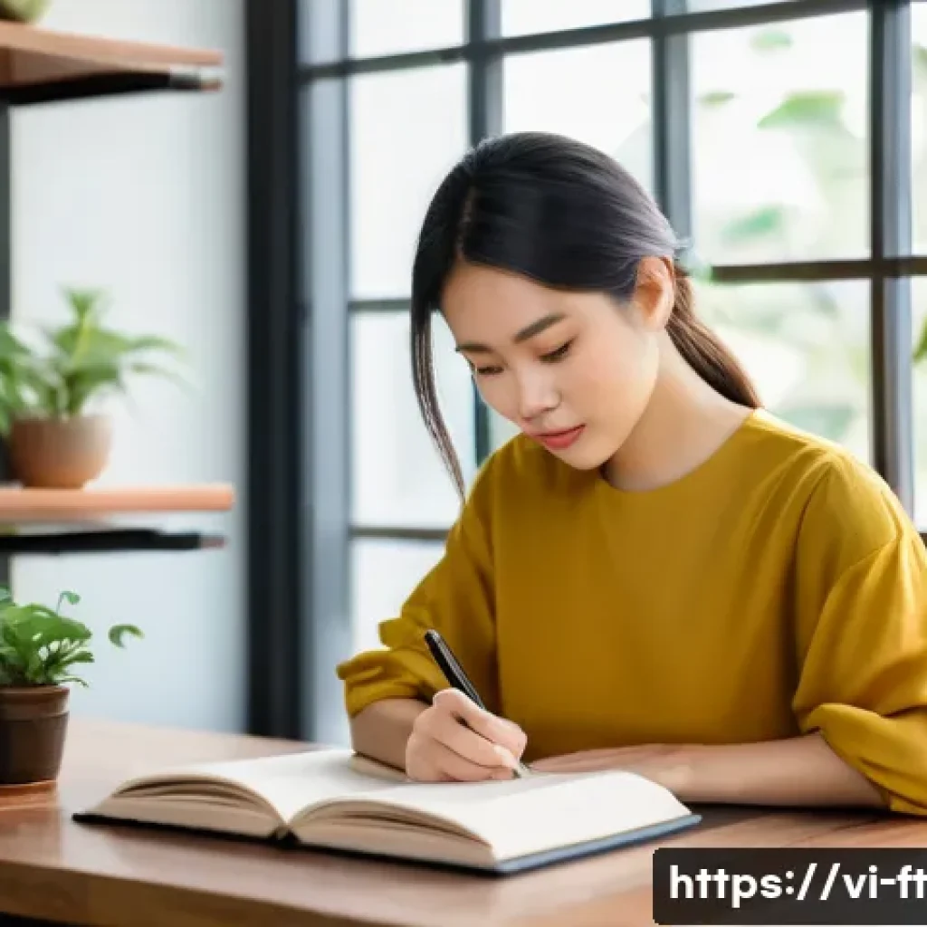 자아 한계 확장을 위한 자신의 약점 인정하기 - A thoughtful Vietnamese young professional woman sitting at a modern wooden desk in a cozy home offi...
