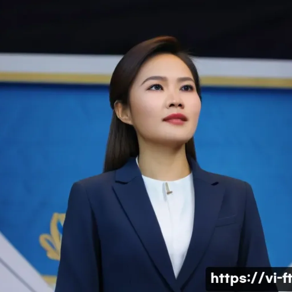 자아 한계 확장을 위한 대중 연설 기술 - A confident Vietnamese businesswoman in her early 30s standing on a modern stage in Hanoi, wearing a...