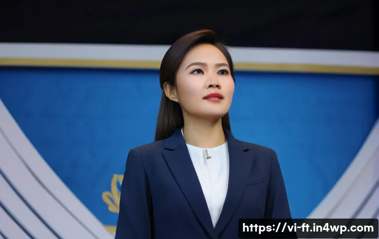 자아 한계 확장을 위한 대중 연설 기술 - A confident Vietnamese businesswoman in her early 30s standing on a modern stage in Hanoi, wearing a...