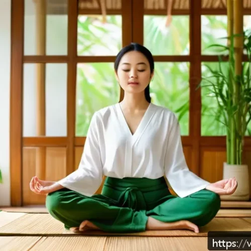 Home 33 자아 한계 확장을 위한 자기 동기부여 기술 - A serene Vietnamese woman practicing morning meditation in a bright, minimalist room with traditiona...