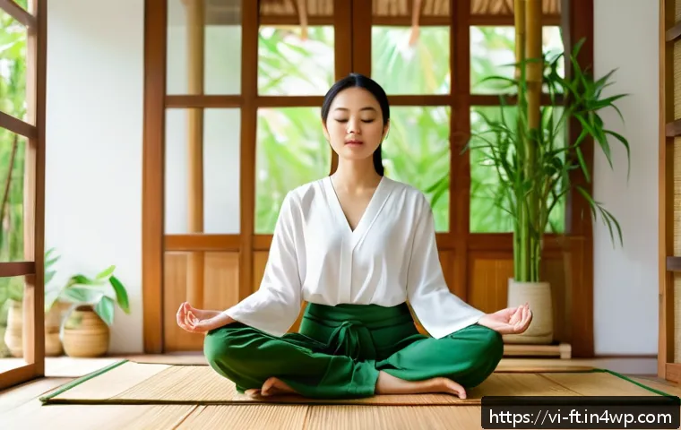 자아 한계 확장을 위한 자기 동기부여 기술 - A serene Vietnamese woman practicing morning meditation in a bright, minimalist room with traditiona...