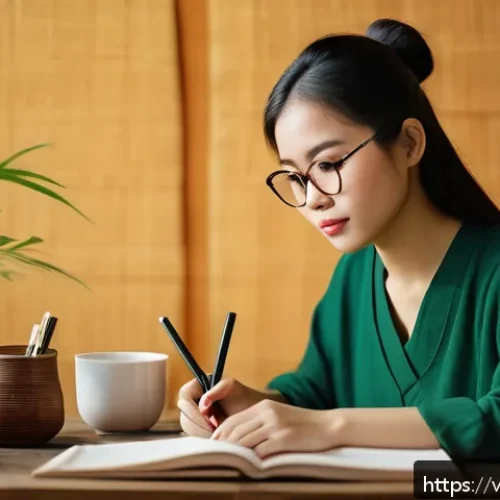 Home 31 자아 한계 확장과 관련된 유명 인물 인터뷰 - A Vietnamese young adult woman sitting at a wooden desk in a cozy, softly lit room, journaling in a ...