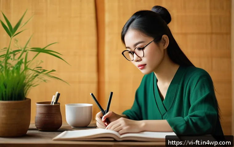 자아 한계 확장과 관련된 유명 인물 인터뷰 - A Vietnamese young adult woman sitting at a wooden desk in a cozy, softly lit room, journaling in a ...