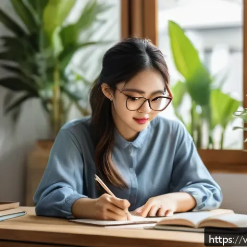 Home 30 자아 한계 확장을 위한 명확한 비전 설정 방법 - A young Vietnamese woman sitting at a neat desk in a cozy home office, wearing smart casual clothing...