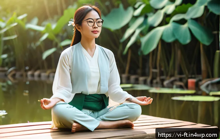 자아 한계 확장을 위한 감정 관리 기법 - A serene Vietnamese woman practicing mindful meditation outdoors in a lush green park at sunrise, si...